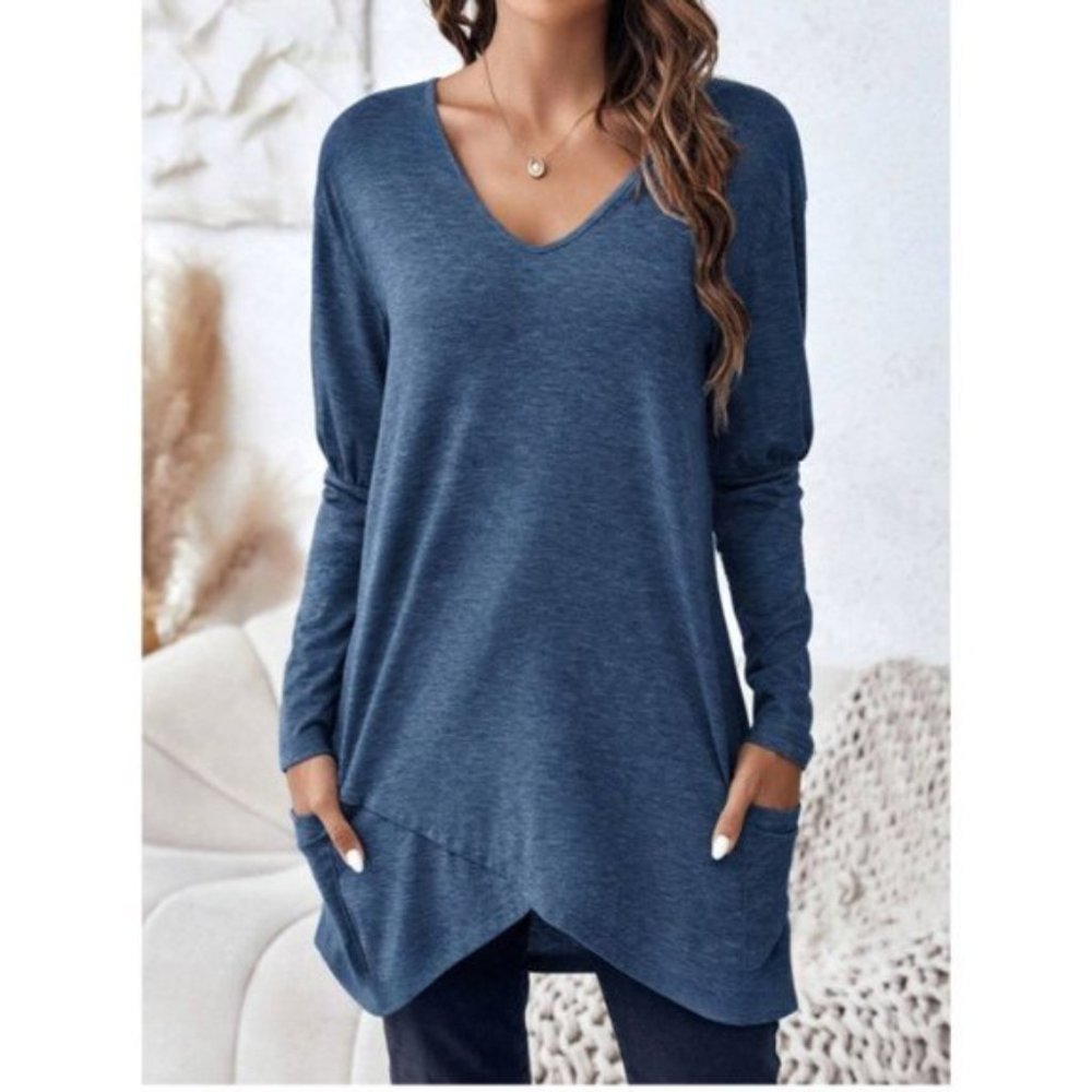 LAST ONE 🔥 Batwing Sleeve Wrap Hem T-Shirt Blue - Picture 3 of 5